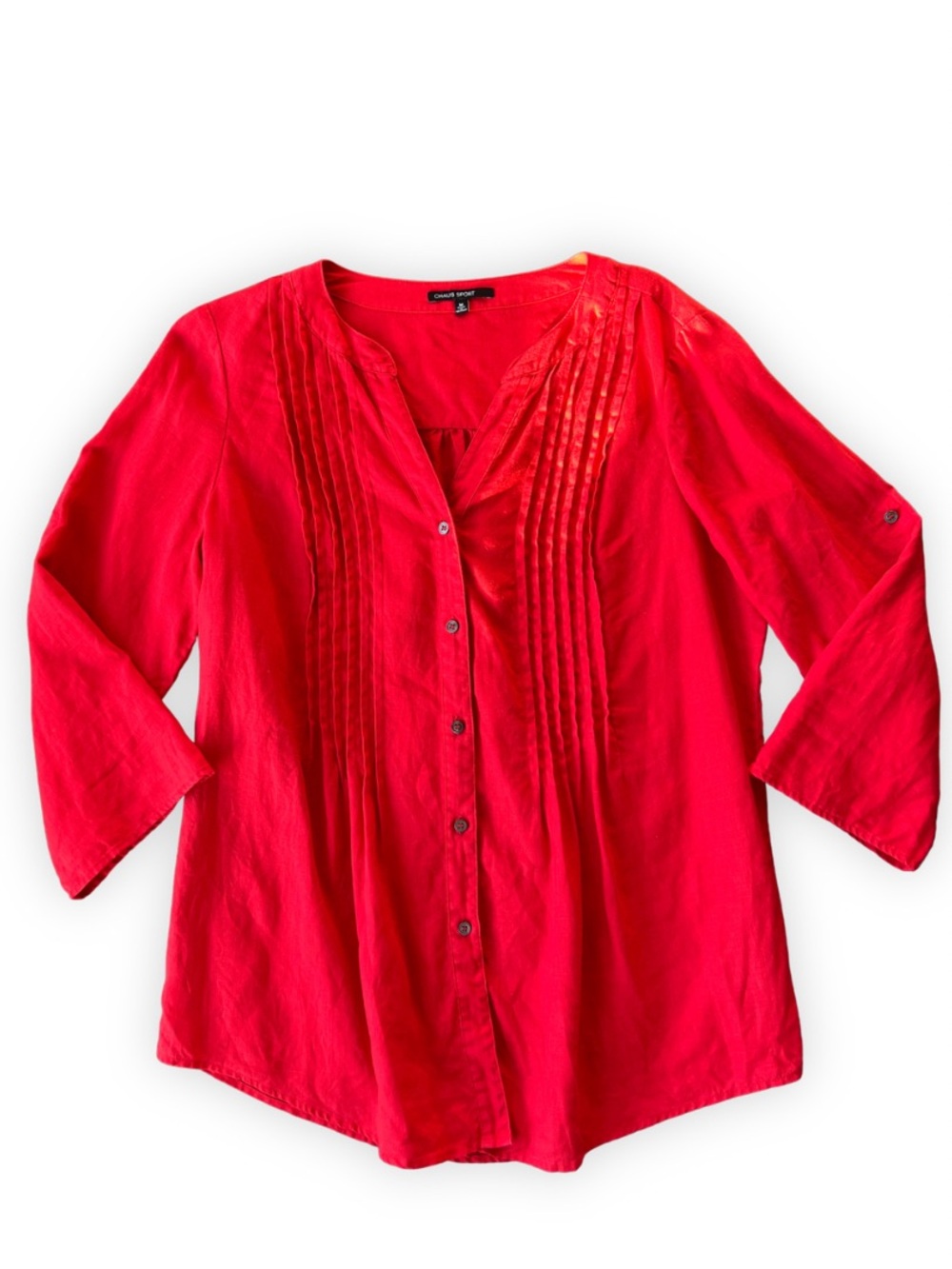 Chaus Sport Red Top 100% Linen Size Medium Blouse 3/4 Sleeve Euro Summer Tomato